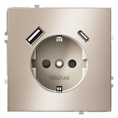 Изображение Розетка USB А+С с заземлением и шторками Voltum S70 Metal, платина (механизм + накладка)